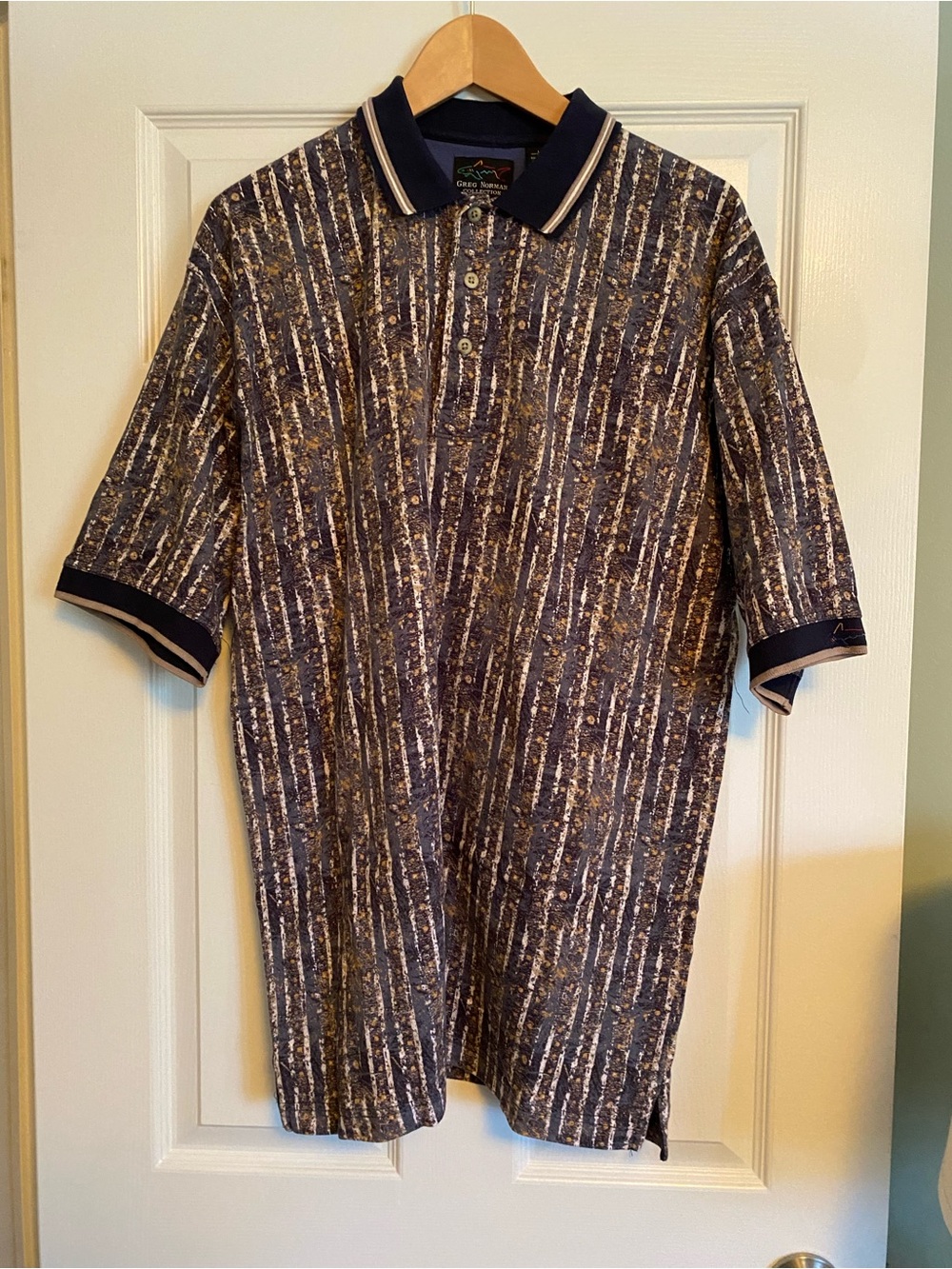 Greg Norman Collection Navy and Cream Striped Pattern Polo